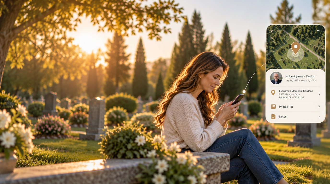 A woman at golden hour looking at her phone, with an enlarged preview of the app showing a pinned resting place on a map
