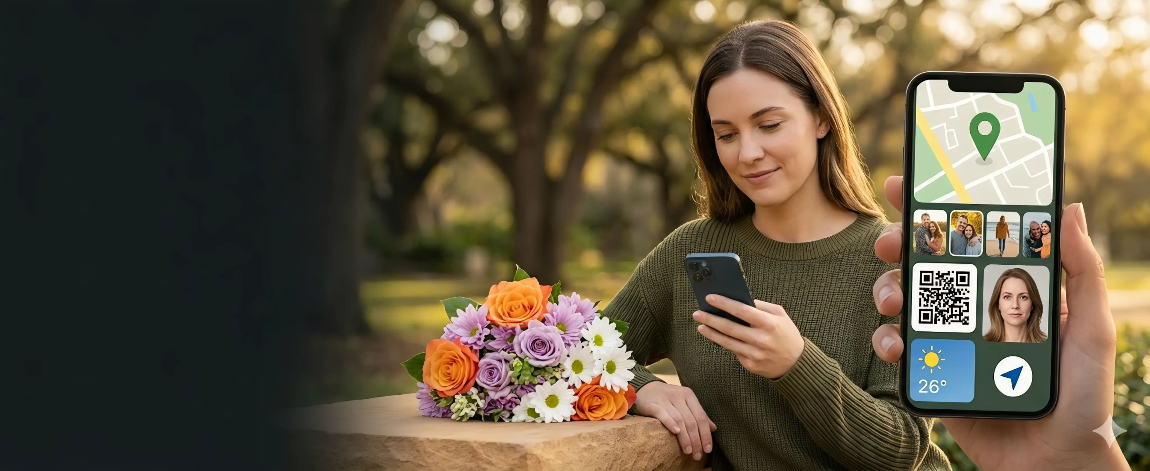 A woman sits beside a grave marker with a bunch of flowers, holding her phone. A second phone beside her shows the memorial: a map with a dropped pin, family photographs, a QR code, and the temperature at the graveside.